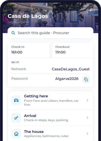 A GuestPage on a phone: Casa de Lagos, search bar, check-in times, Wi-Fi with tap to copy, Getting here